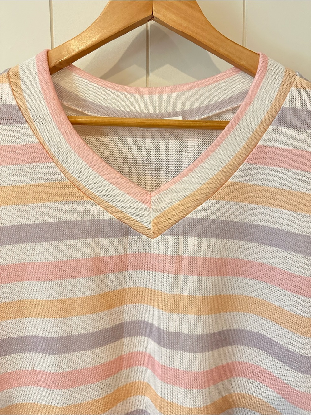 Bombom Women’s Striped V‑Neck Knit Top Size Medium Pink Yellow Purple Cream - Picture 2 of 10